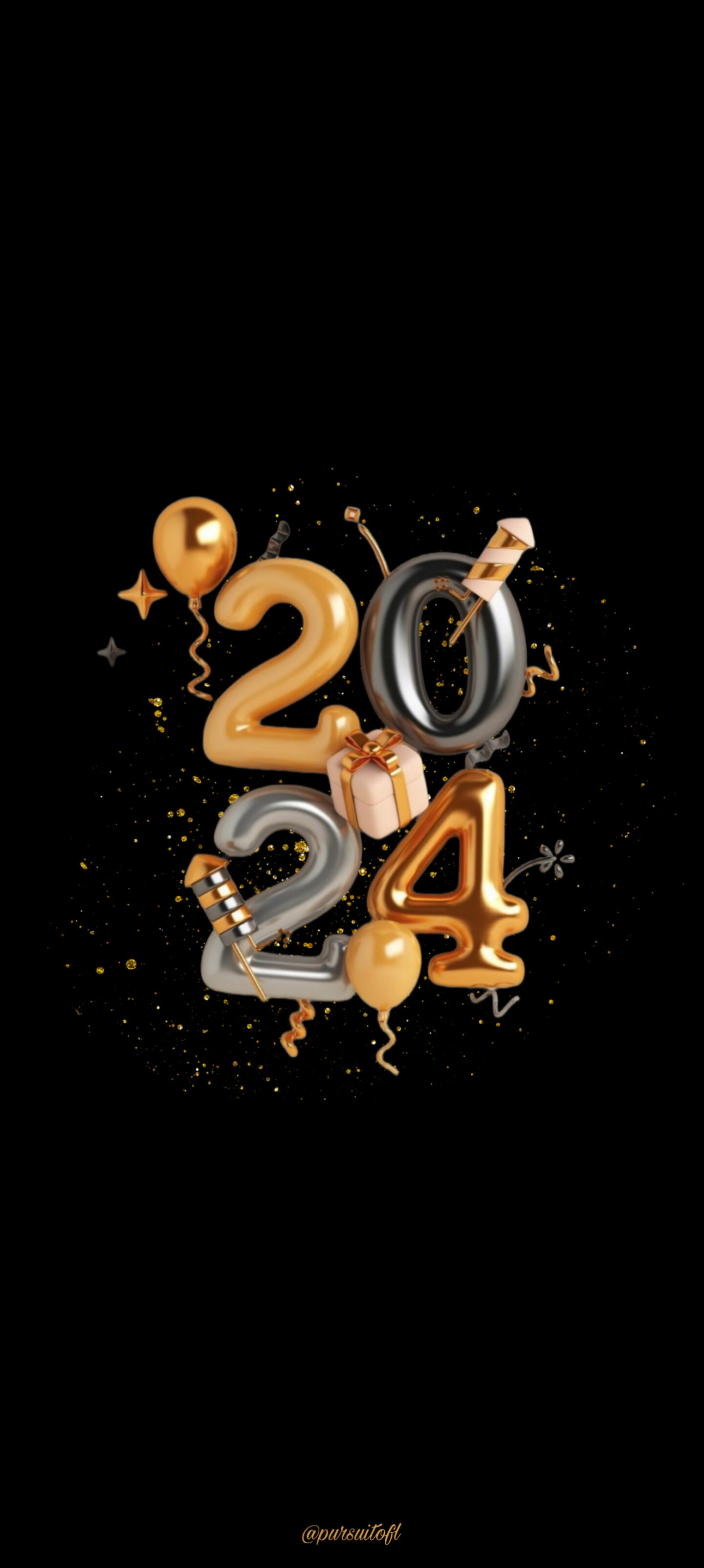 Black Phone Wallpaper with Gold, Black, and Silver New Year 2024 Celebration with Glitter, Balloons, Fireworks
