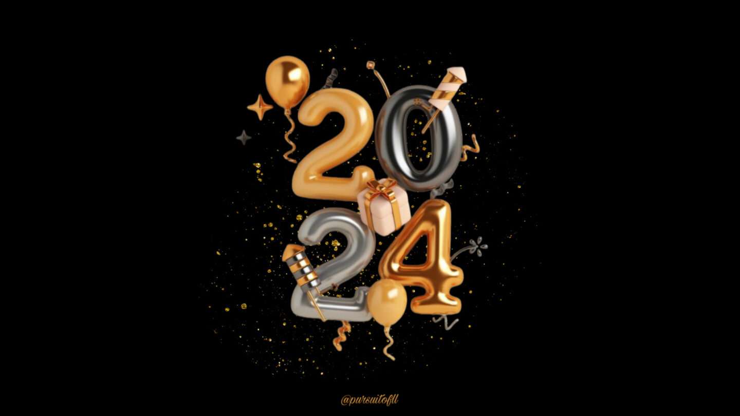Black Desktop Wallpaper with Gold, Black, and Silver New Year 2024 Celebration with Glitter, Balloons, Fireworks