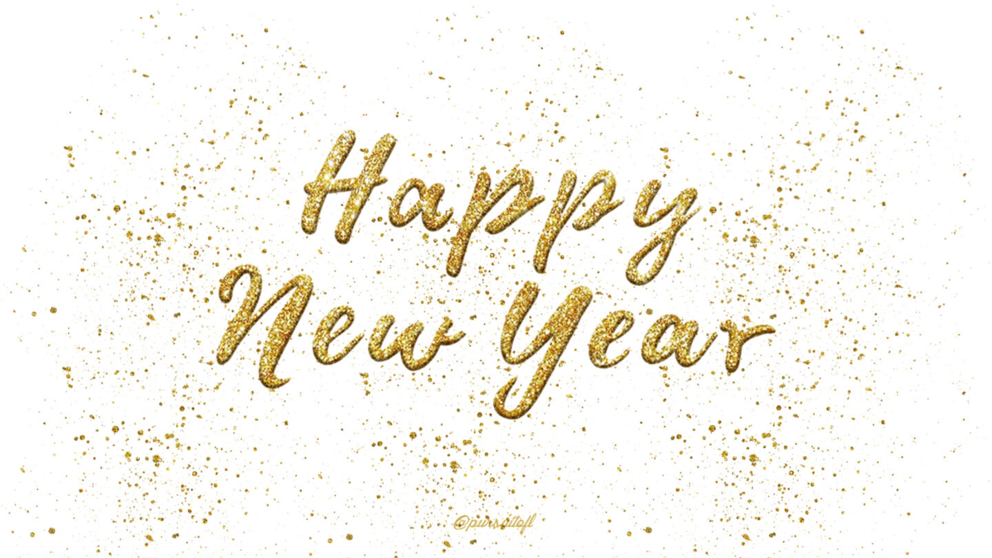 White Desktop Wallpaper with Gold Happy New Year Text and Gold Glitter