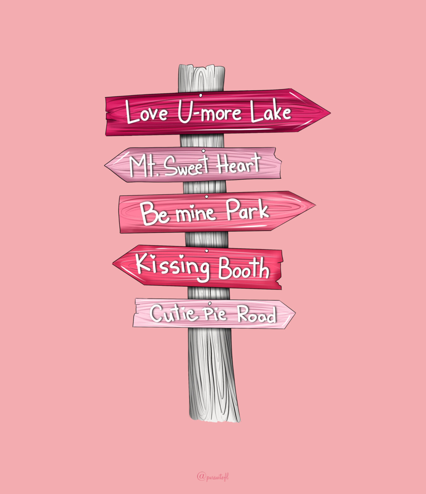 Pink Tablet Wallpaper with Post with Valentine's Day Signs with text Love U-more Lake, Mt. Sweet Heart, Be mine Park, Kissing Booth, and Cutie Pie Road; Valentines' Day Wallpaper