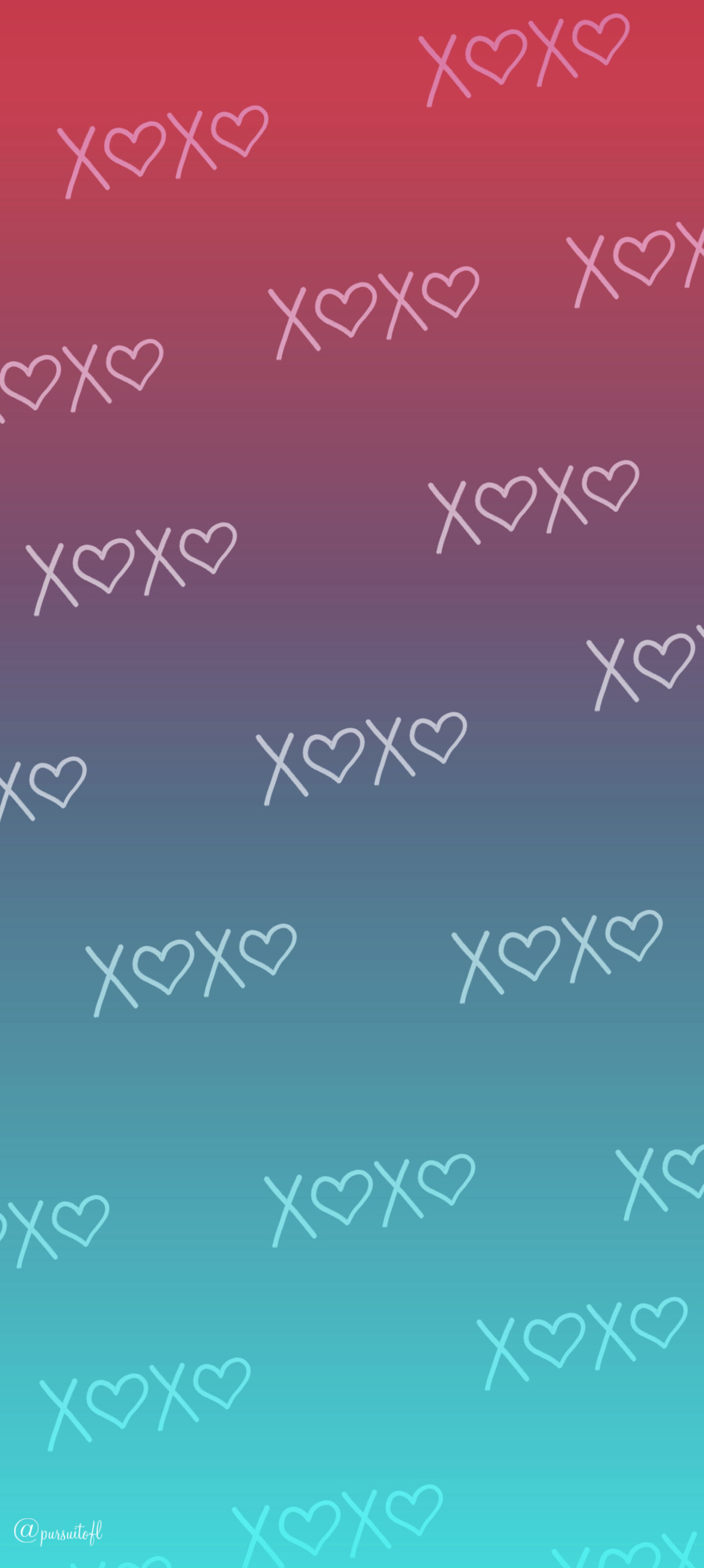 Pink and Blue Gradient Phone Wallpaper with XOXO and hearts; Valentine's Day Wallpaper