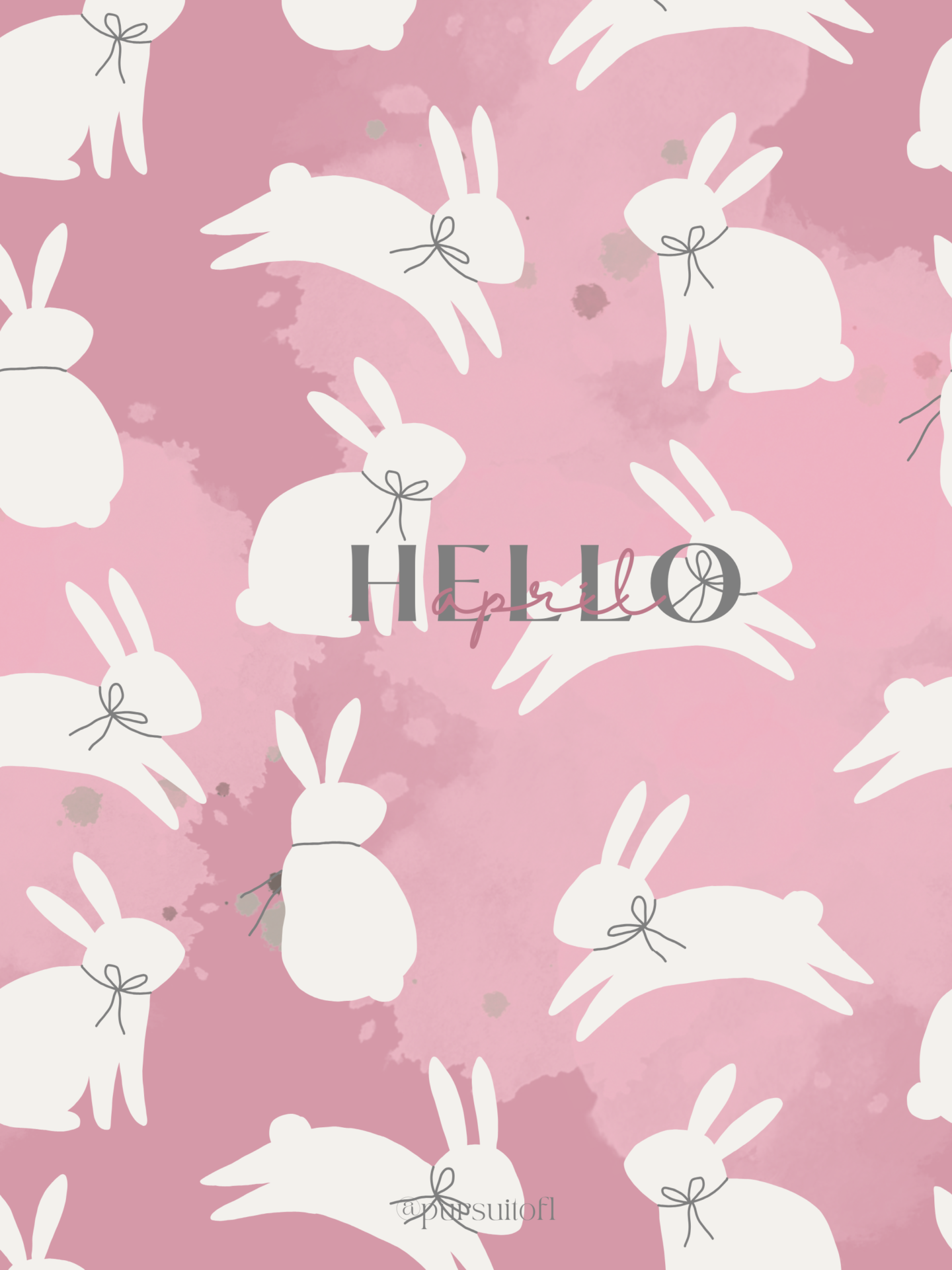 Pink Tablet Wallpaper with white bunnies wearing a bow and Hello April text