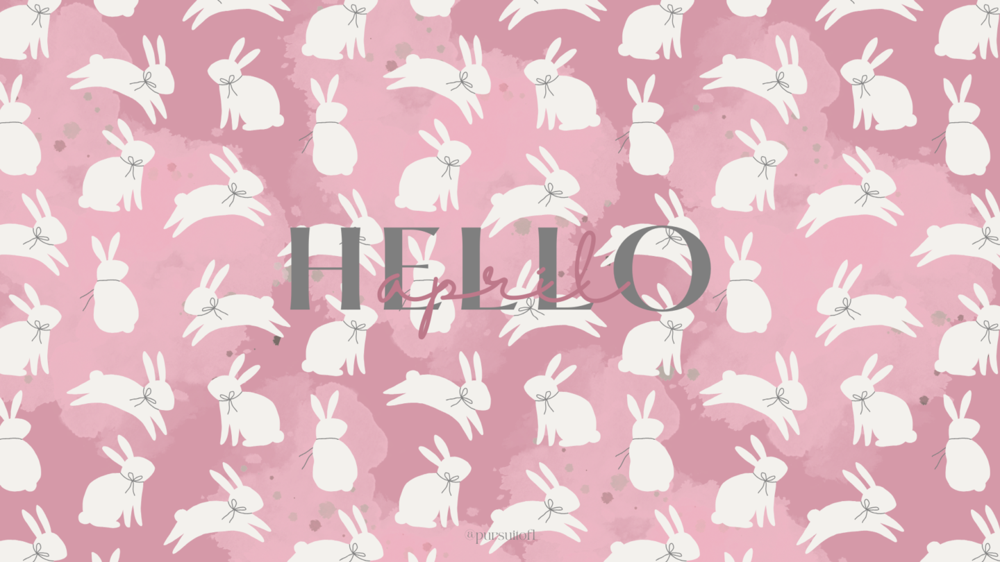 Pink Desktop Wallpaper with white bunnies wearing a bow and Hello April text