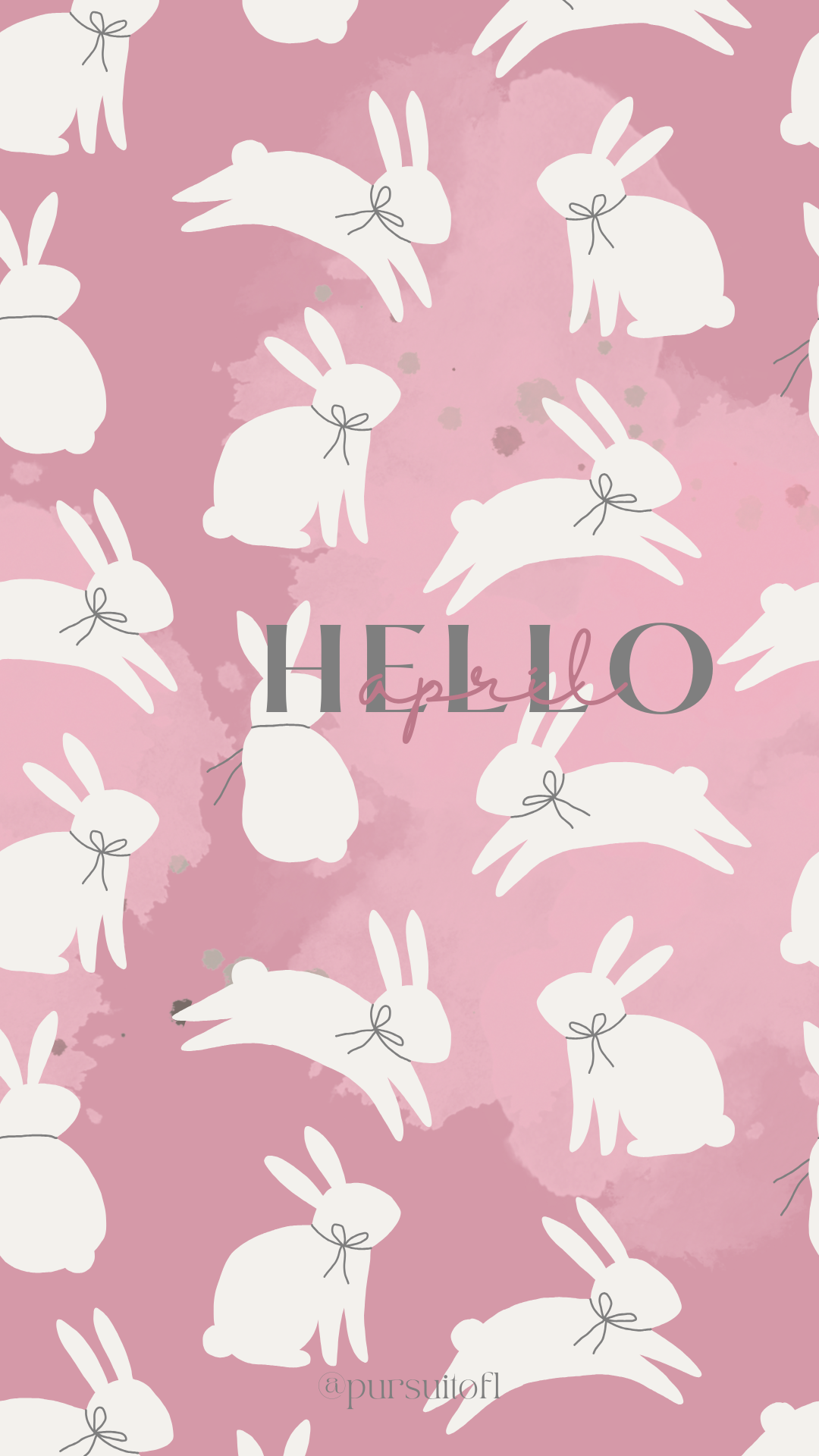 Pink Phone Wallpaper with white bunnies wearing a bow and Hello April text