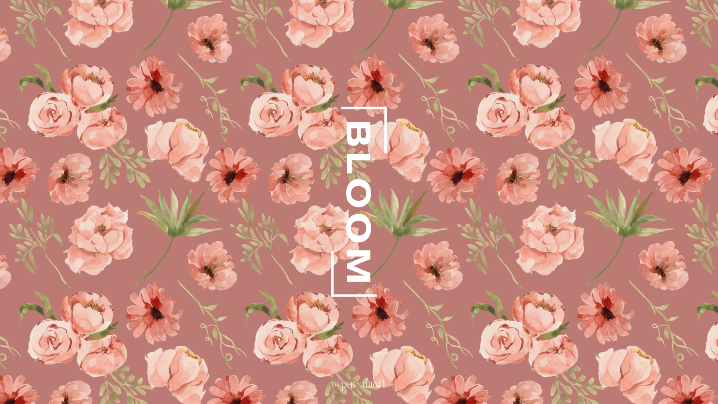 Spring floral mauve desktop wallpaper with white bloom text