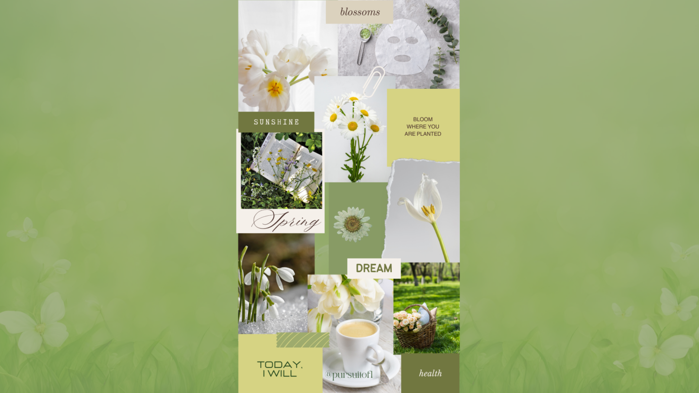 Green spring collage desktop wallpaper with inspiring words and quotes