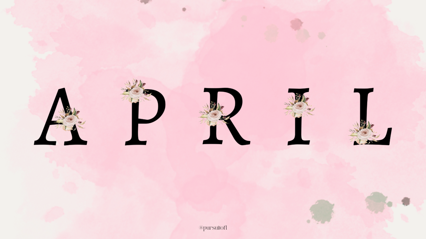 White and pink desktop wallpaper with floral April text