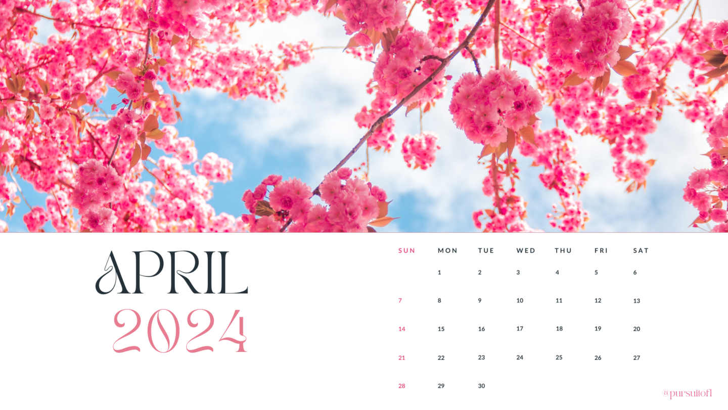 April 2024 calendar desktop wallpaper with cherry blossoms