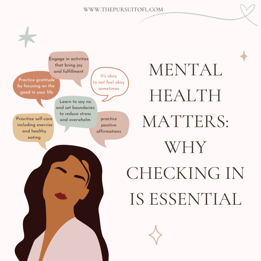 Mental Health Matters: Why Checking in is Essential, faceless girl with speech bubbles with self care tips; The Pursuit of L