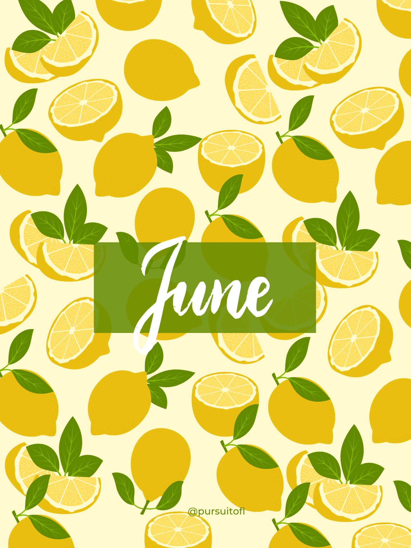 Bright yellow summer tablet wallpaper with whole and sliced lemons, green leaf accents, and 'June' text on a green box.