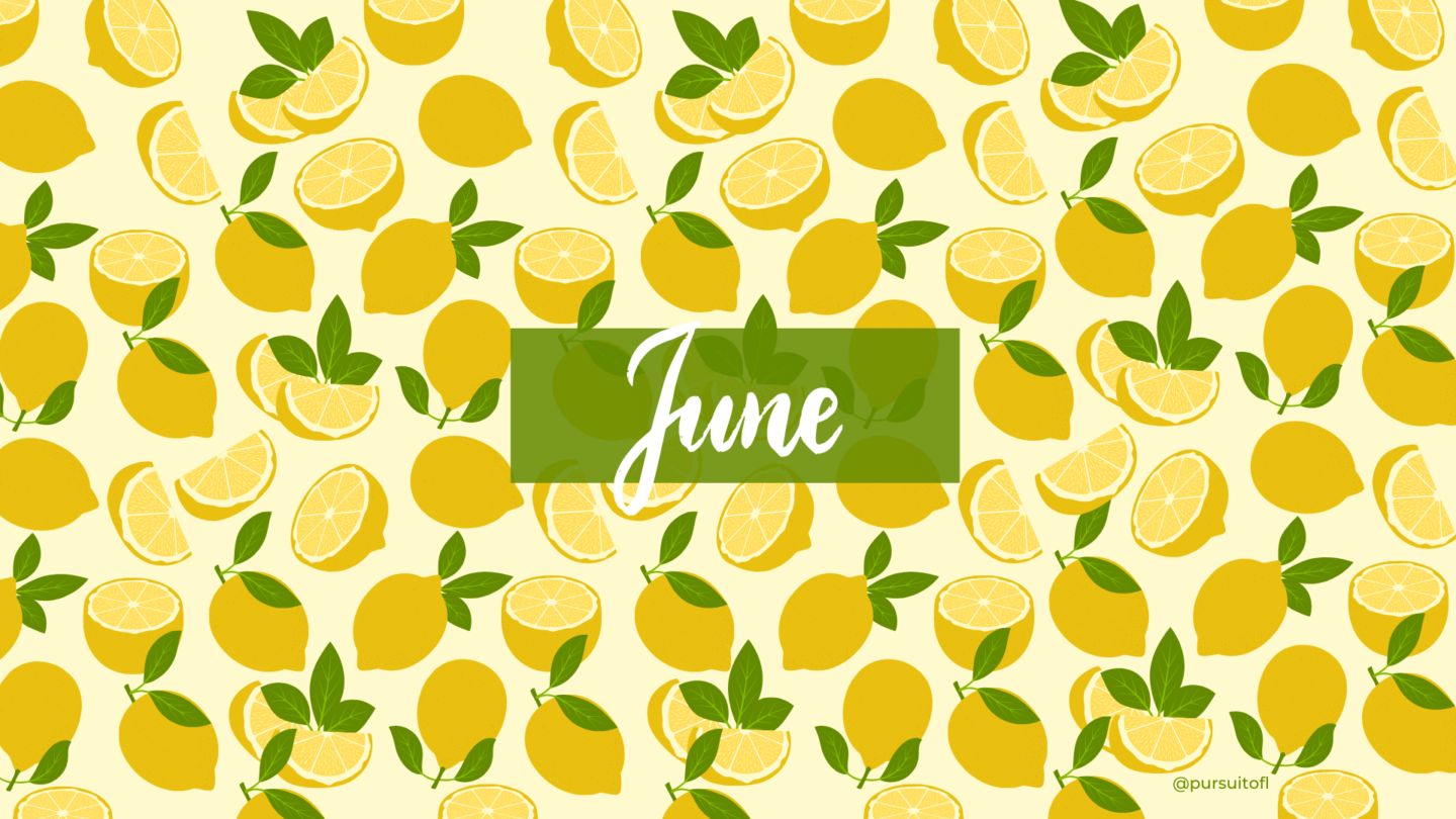 Bright yellow summer desktop wallpaper with whole and sliced lemons, green leaf accents, and 'June' text on a green box.