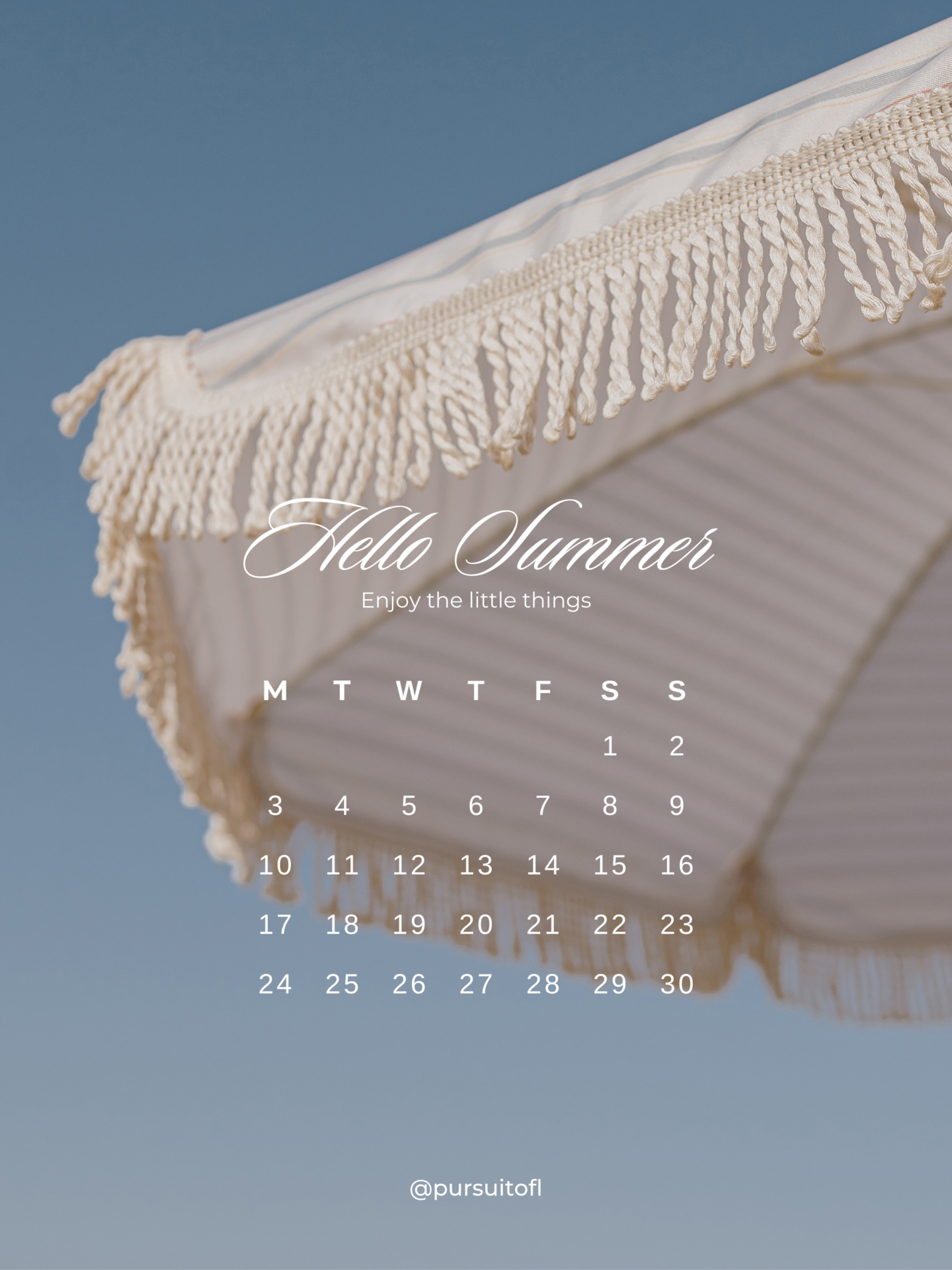 Tablet Wallpaper with white beach umbrella against a blue sky, June 2024 calendar, and 'Hello summer, enjoy the little things' text