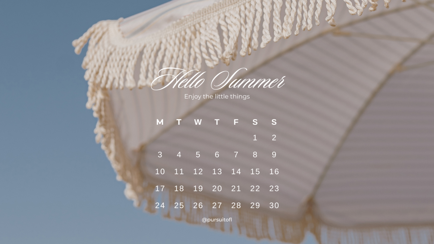 Desktop Wallpaper with white beach umbrella against a blue sky, June 2024 calendar, and 'Hello summer, enjoy the little things' text