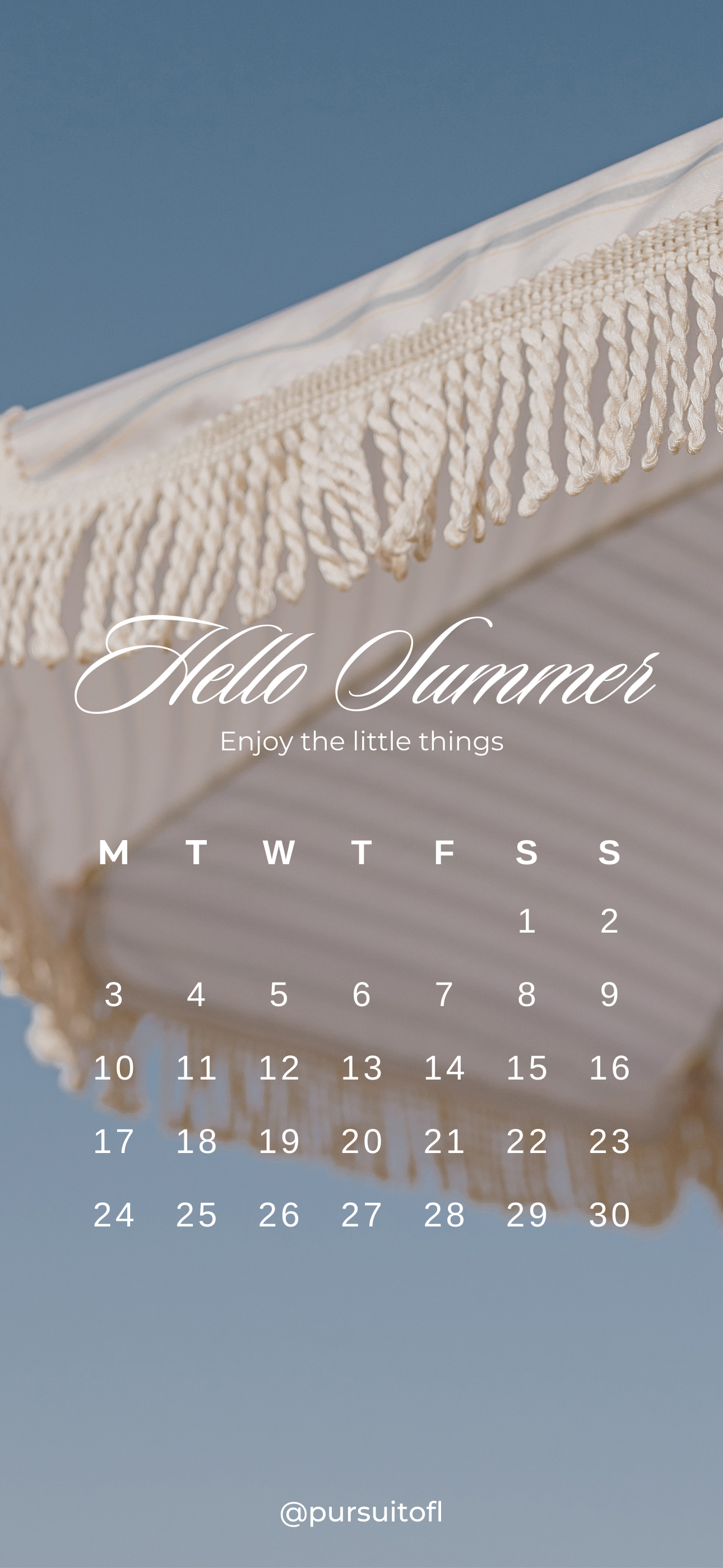 Phone Wallpaper with white beach umbrella against a blue sky, June 2024 calendar, and 'Hello summer, enjoy the little things' text