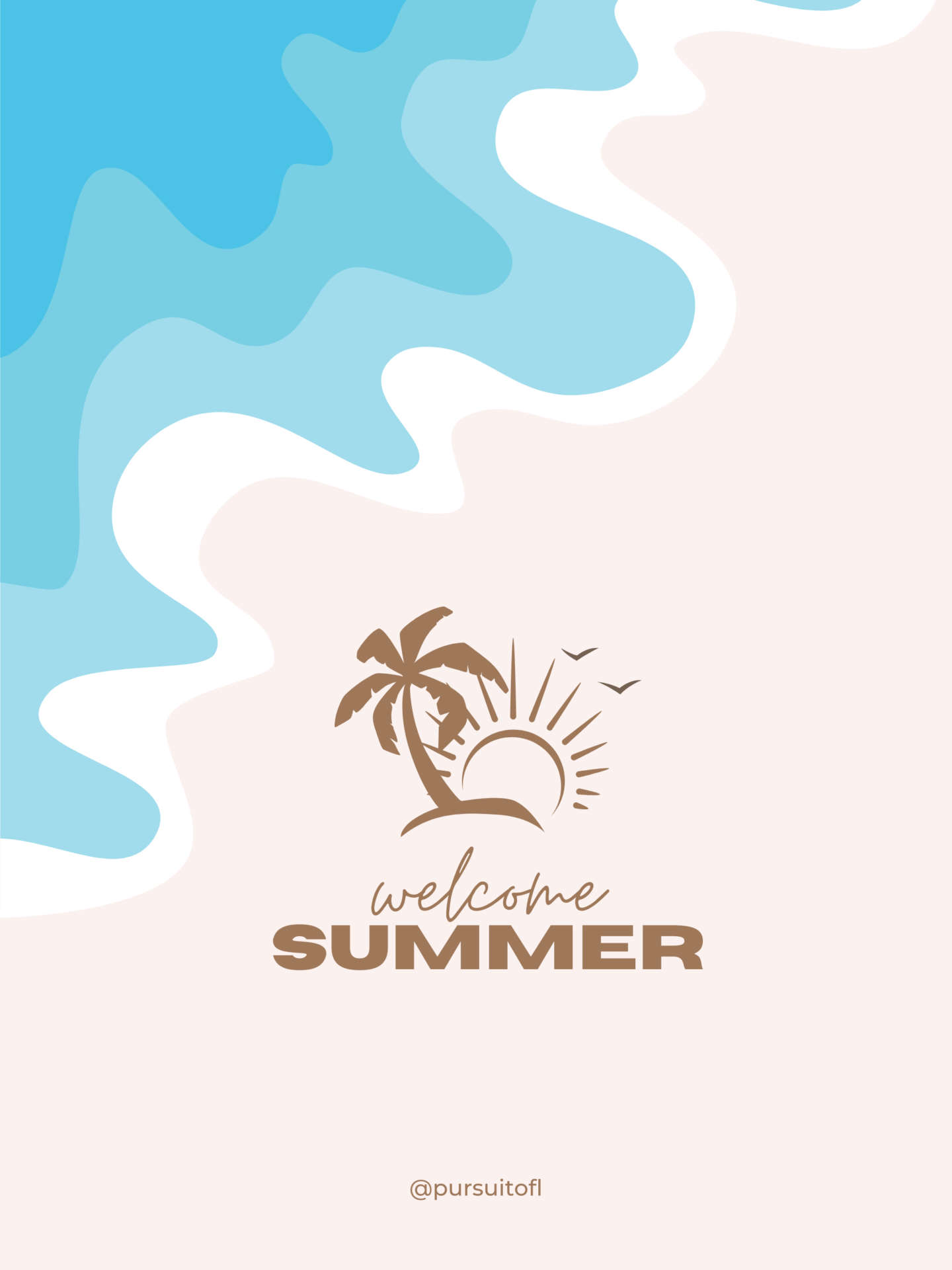 Illustrated beach tablet wallpaper with ocean, sand, palm tree silhouette, sun with birds, and 'Welcome Summer' text