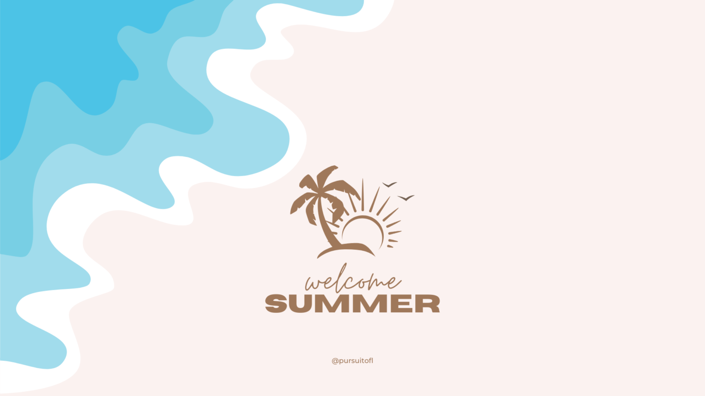 Illustrated beach desktop wallpaper with ocean, sand, palm tree silhouette, sun with birds, and 'Welcome Summer' text