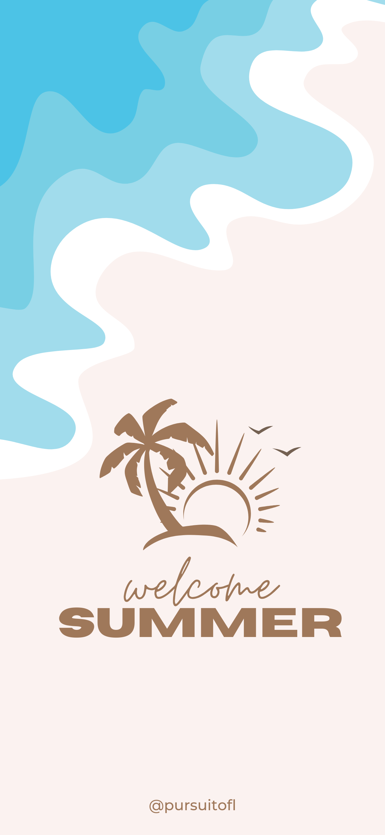 Illustrated beach phone wallpaper with ocean, sand, palm tree silhouette, sun with birds, and 'Welcome Summer' text