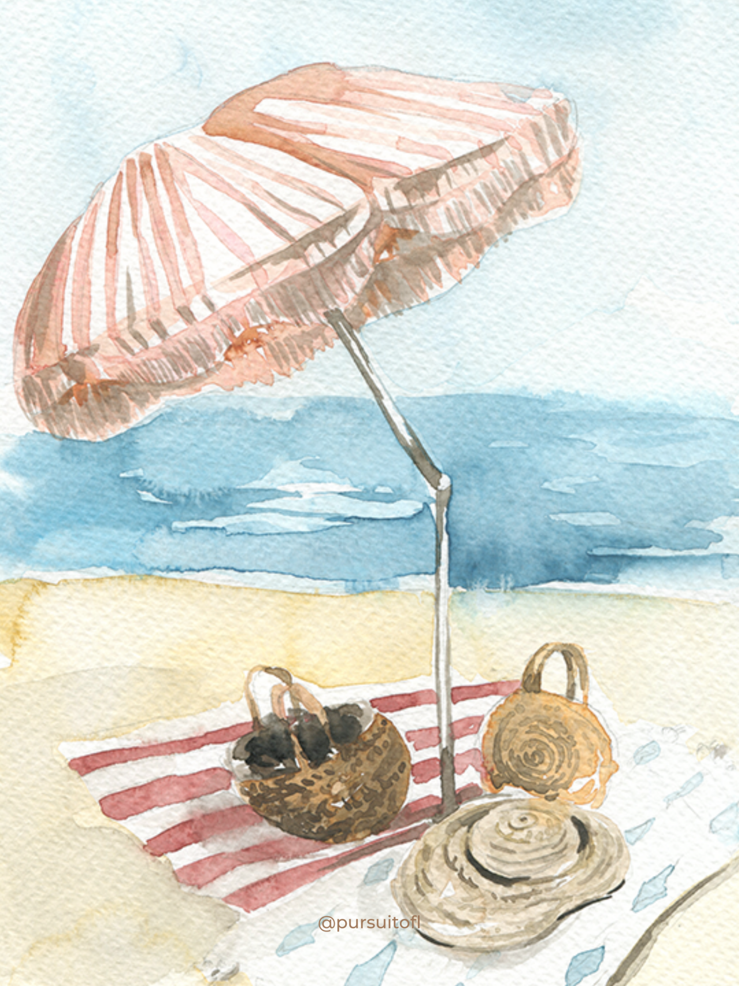 Beach illustration tablet wallpaper with umbrella, beach towels, sun hat, and beach bags