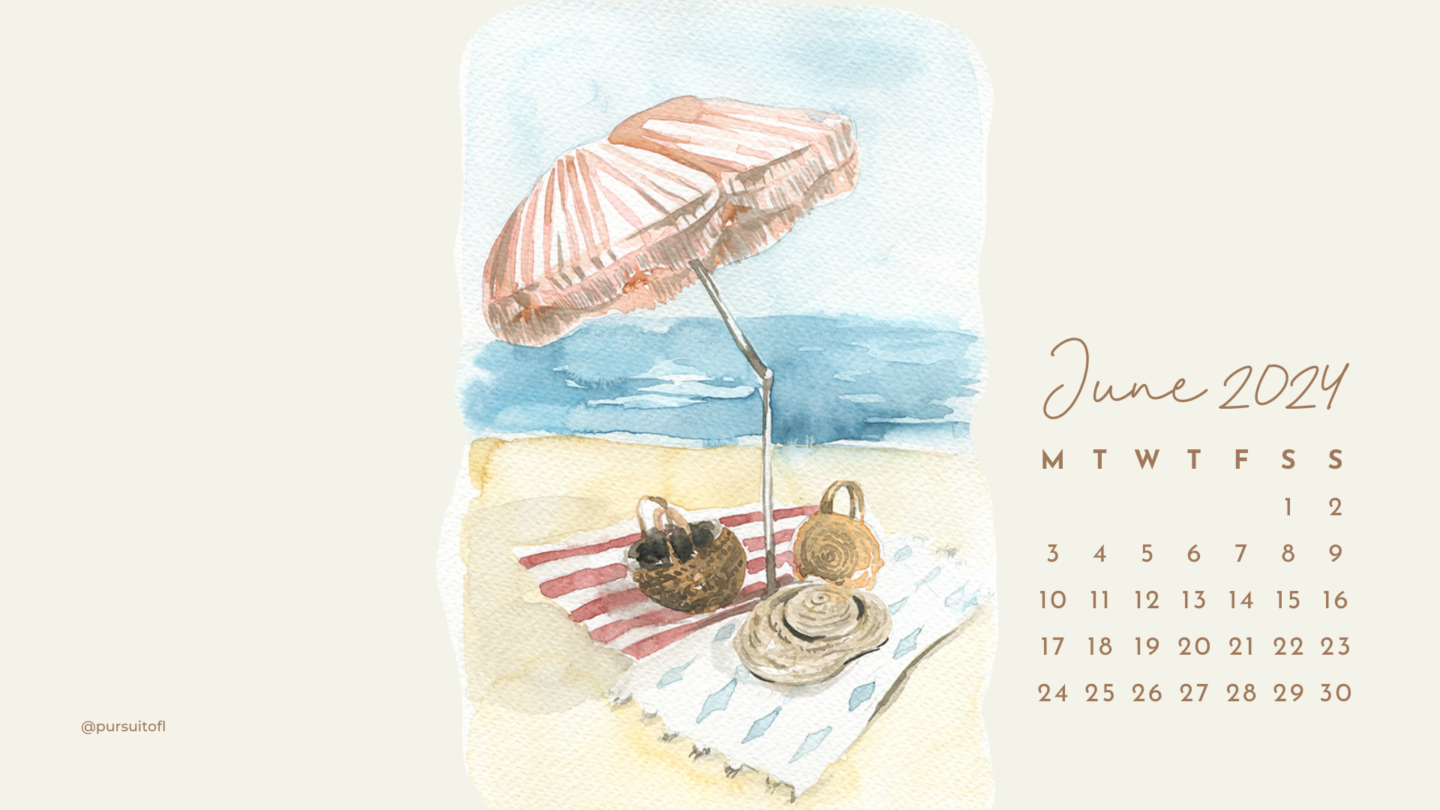 Beach illustration desktop wallpaper with umbrella, beach towels, sun hat, beach bags, and June 2024 calendar