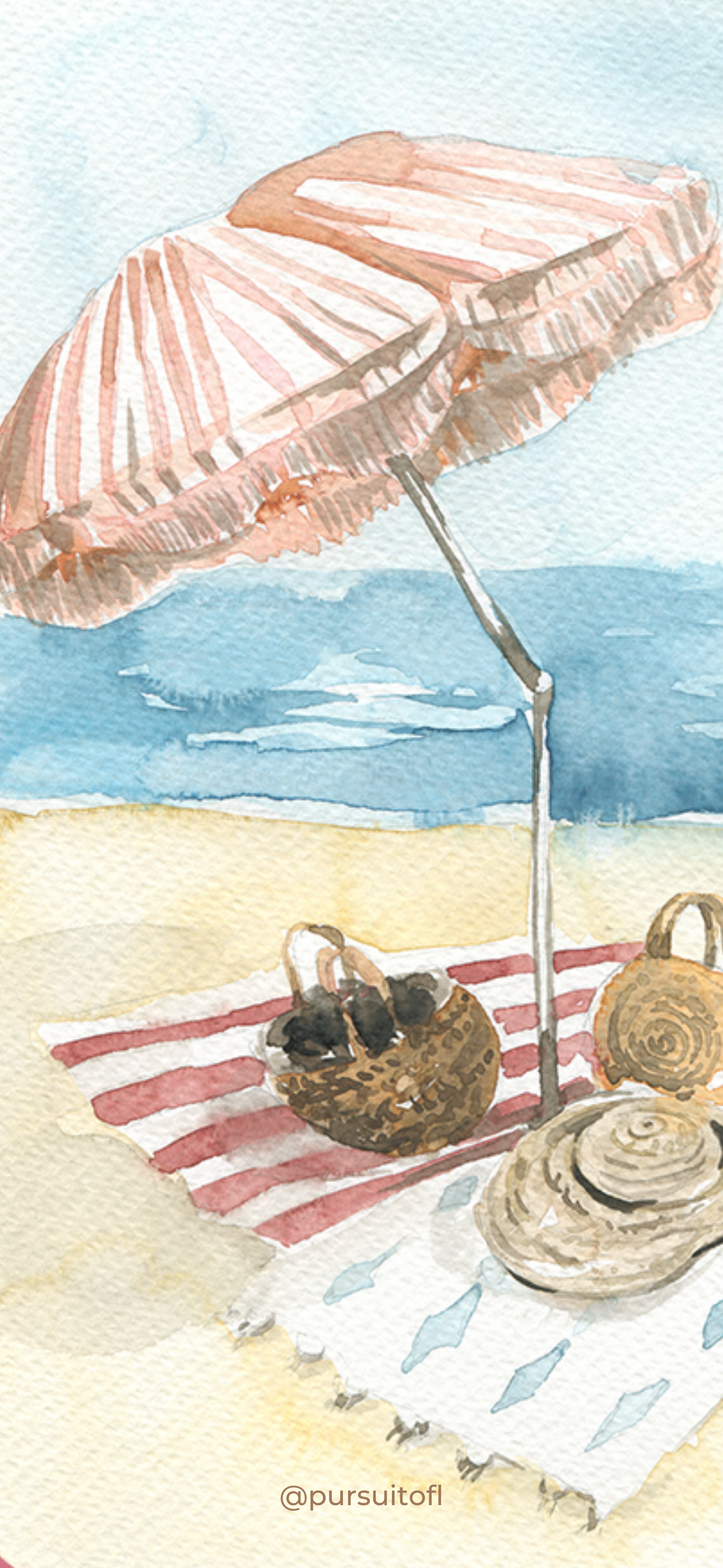 Beach illustration phone wallpaper with umbrella, beach towels, sun hat, and beach bags