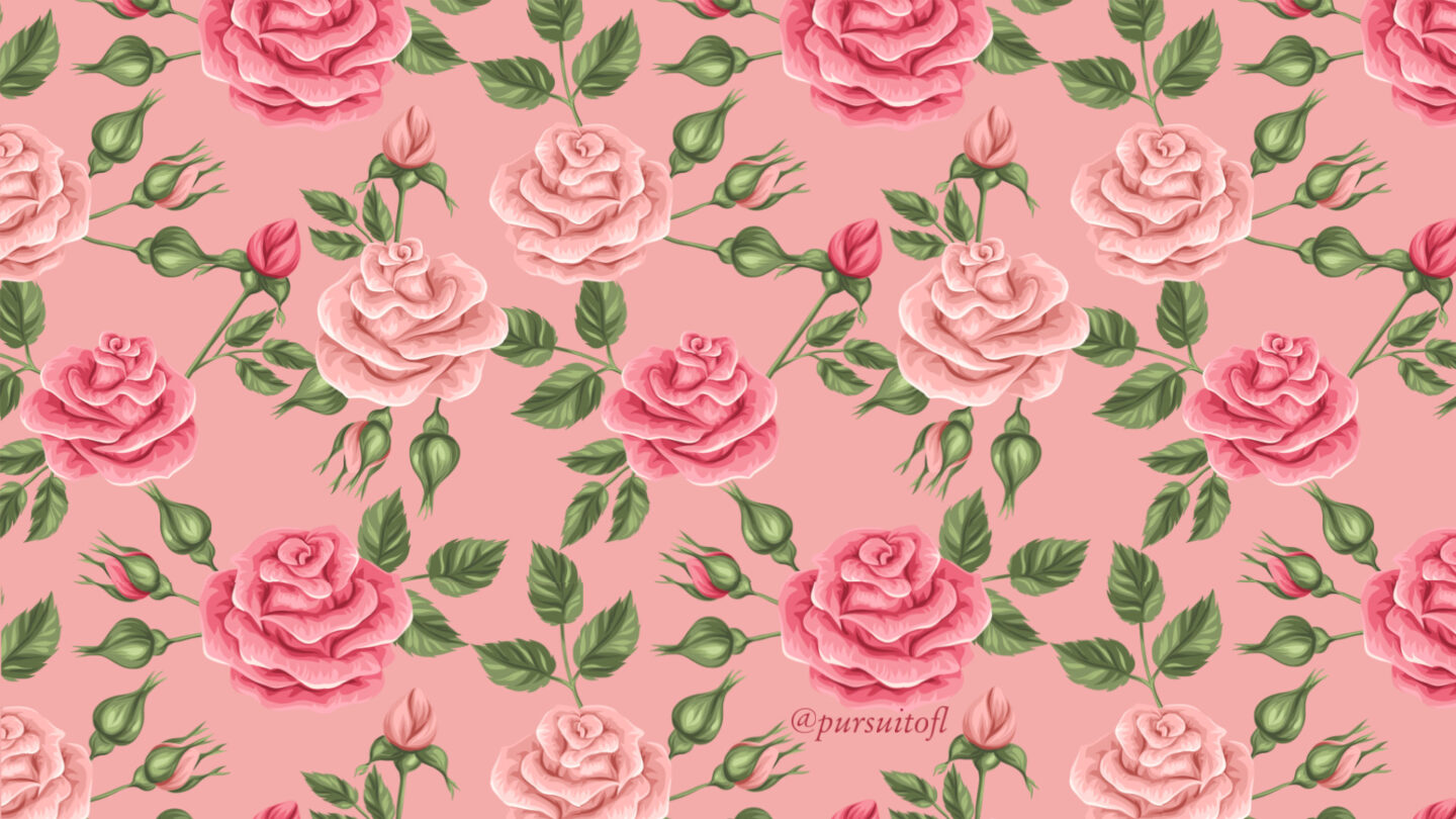 Pink desktop wallpaper with pink roses on green stems