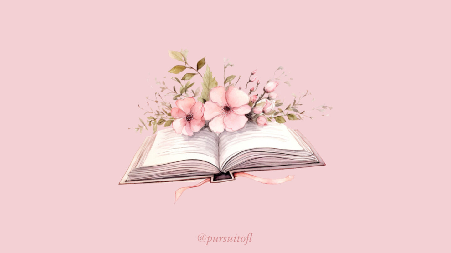 Pastel pink desktop wallpaper with open book and pink flowers