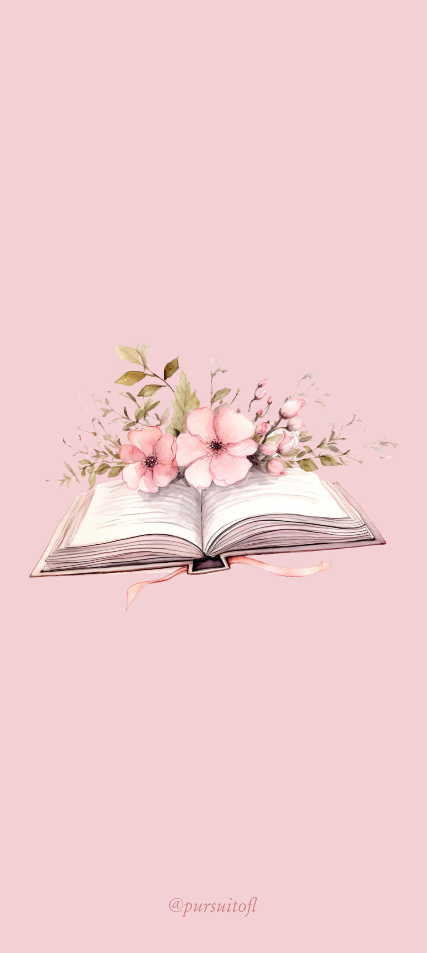 Pastel pink phone wallpaper with open book and pink flowers