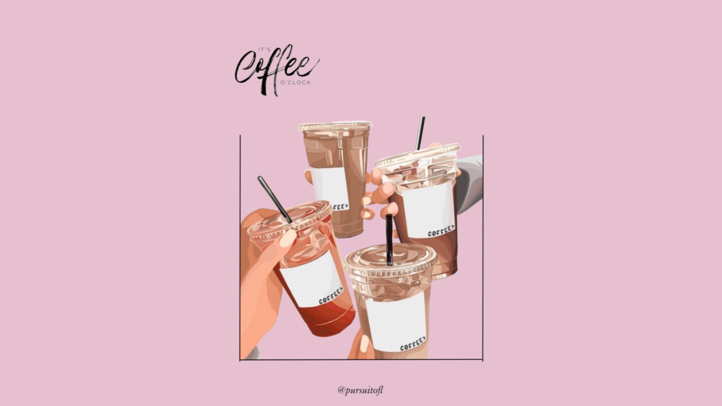 Mauve desktop wallpaper with hands holding iced coffee cups labeled coffee with straws and it's coffee o'clock text