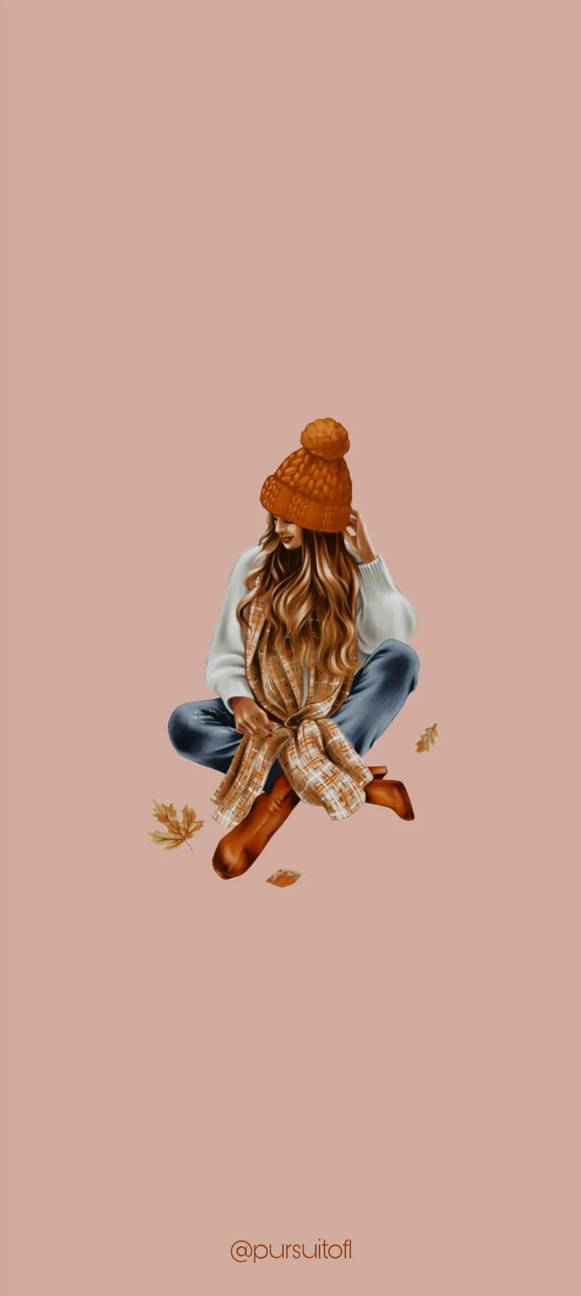 Illustrated autumn-themed phone wallpaper with a woman wearing a cozy orange knit hat, a scarf, and jeans, sitting cross-legged on a soft peach background. She is surrounded by scattered fall leaves.