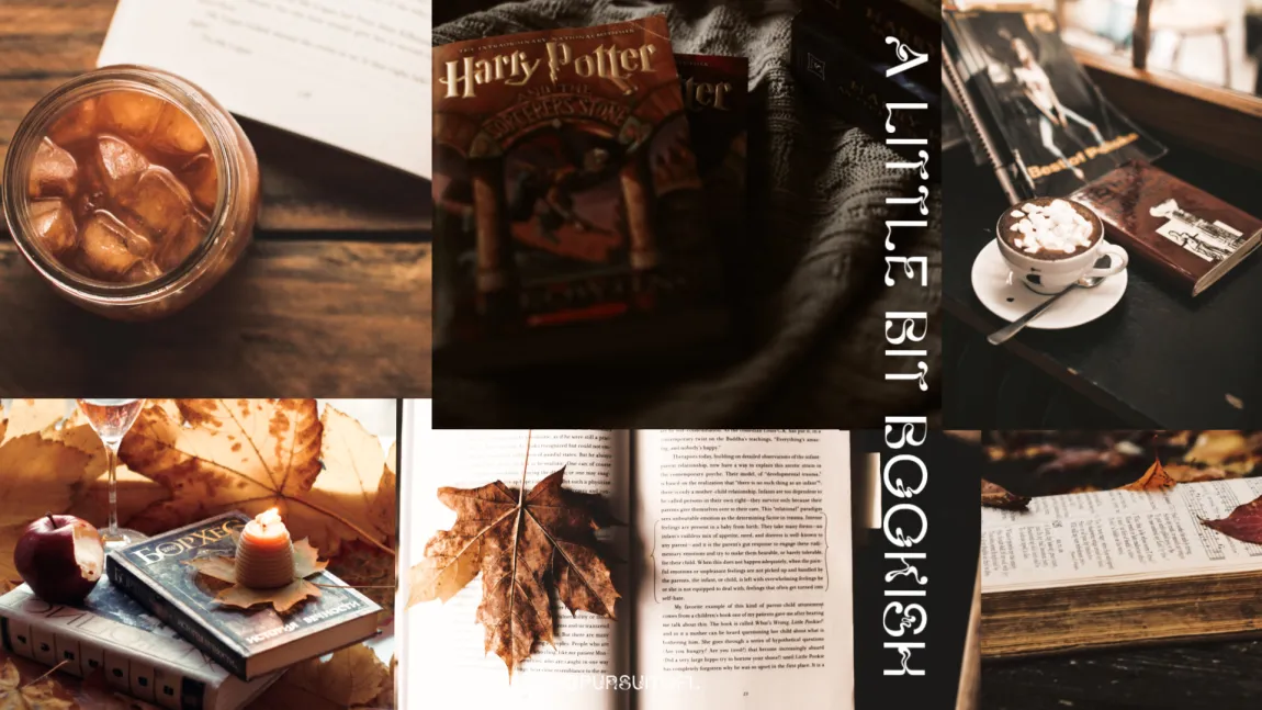 Cozy, autumn-themed collage desktop wallpaper with images of open books, fall leaves, a lit candle, a cup of hot chocolate, and Harry Potter books. The words 'A Little Bit Bookish' are written vertically in white on the right side. The background features warm tones of brown and orange, evoking a warm and inviting autumn atmosphere.