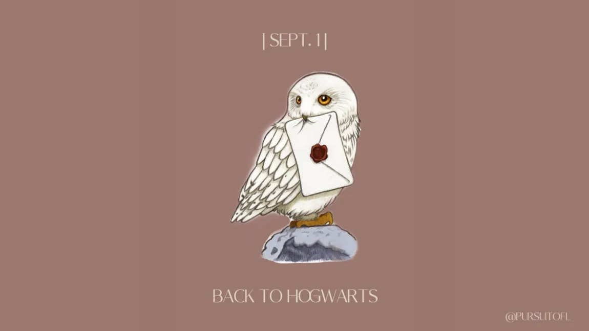 Hogwarts-themed desktop wallpaper featuring a snowy white owl (Hedwig) holding an envelope with a red wax seal in its beak. The words 'Sept. 1' and 'Back to Hogwarts' are displayed in elegant font, all set against a warm brown background.