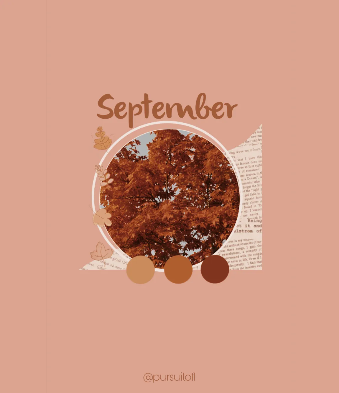 Aesthetic September-themed tablet wallpaper featuring a circular image of autumn leaves in warm brown and orange tones. The background is a soft peach color, with the word 'September' written above the circle and a palette of three autumnal colors below it.