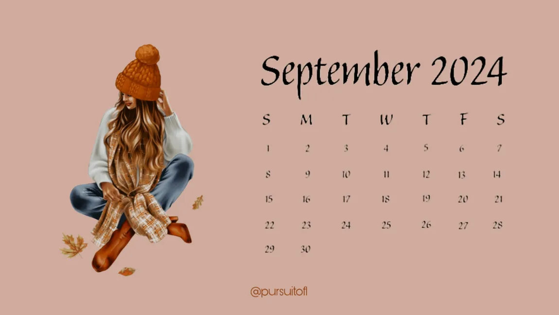 Illustrated autumn-themed desktop wallpaper with a woman wearing a cozy orange knit hat, a scarf, and jeans, sitting cross-legged on a soft peach background. She is surrounded by scattered fall leaves. September 2024 calendar.