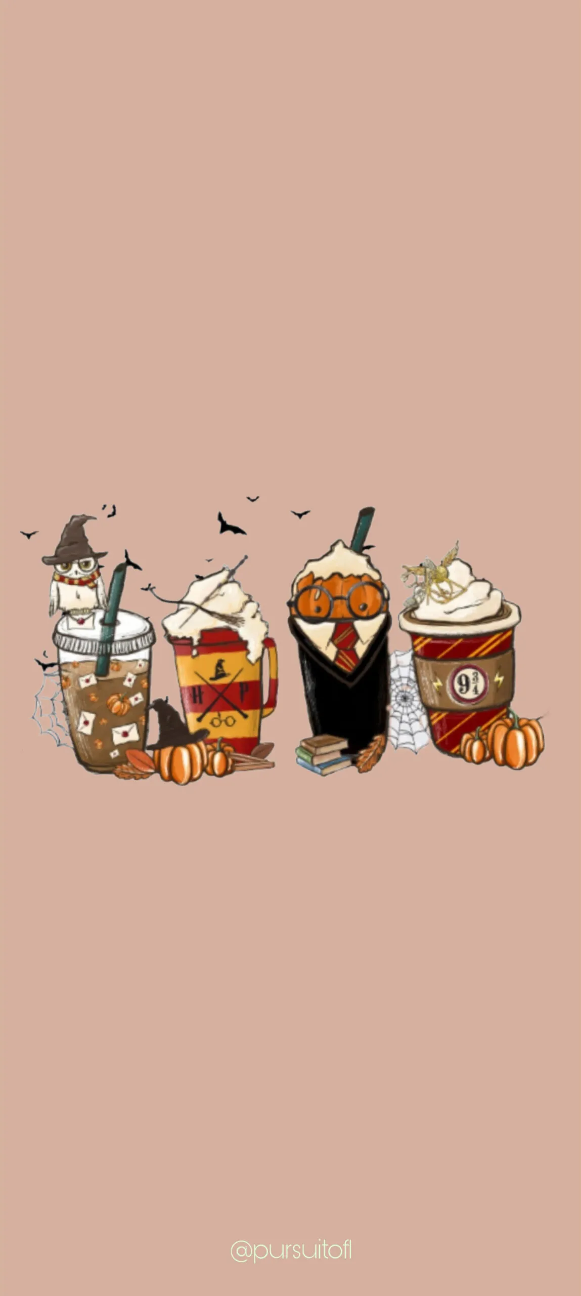Harry Potter inspired phone wallpaper featuring illustrations of four different coffee cups decorated with fall and Hogwarts themes, including pumpkin designs, a witch hat, and glasses. The background is a muted peach color with small bats flying around.