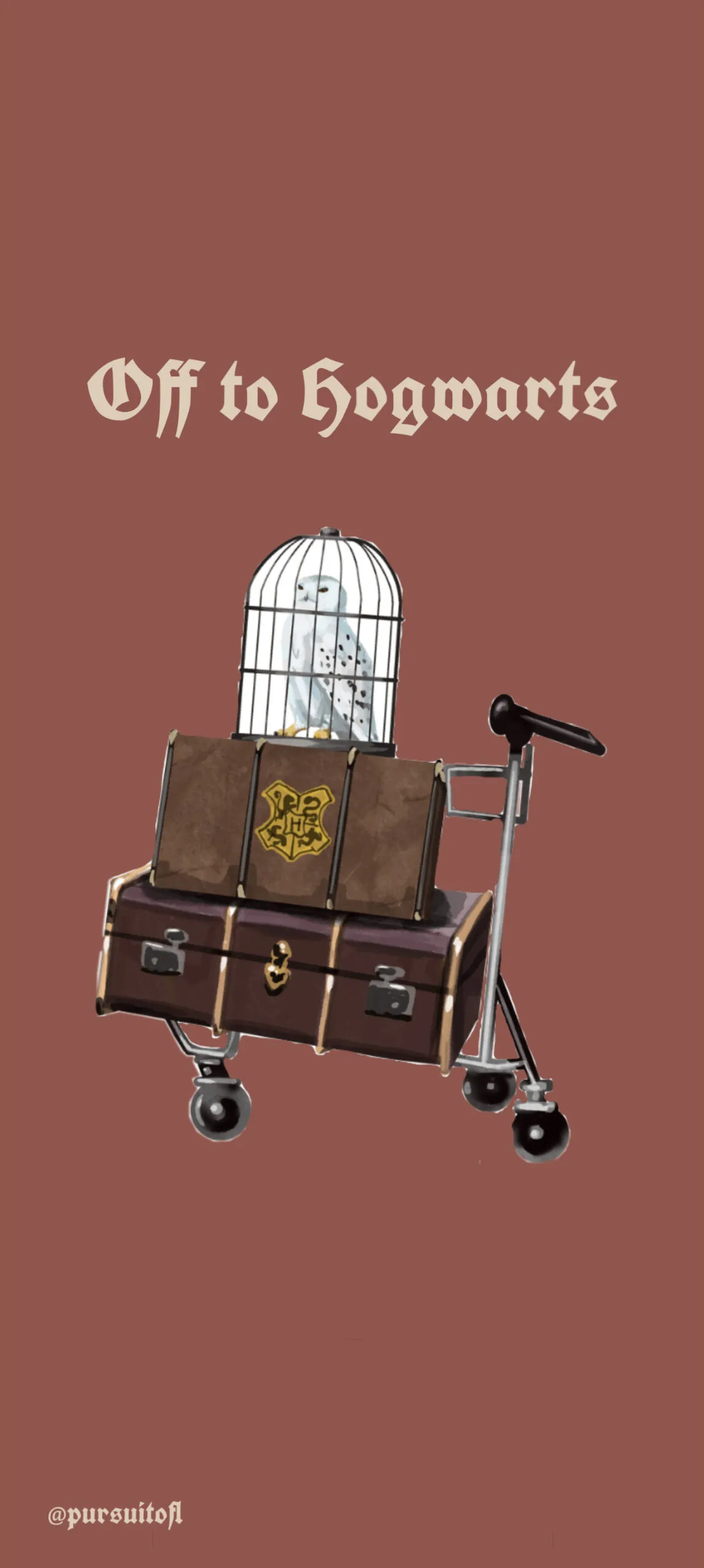 Phone wallpaper depicting a luggage cart with brown suitcases and a birdcage, ready for a trip to Hogwarts. The text 'Off to Hogwarts' is written in a vintage-style font above the image on a rich brown background.
