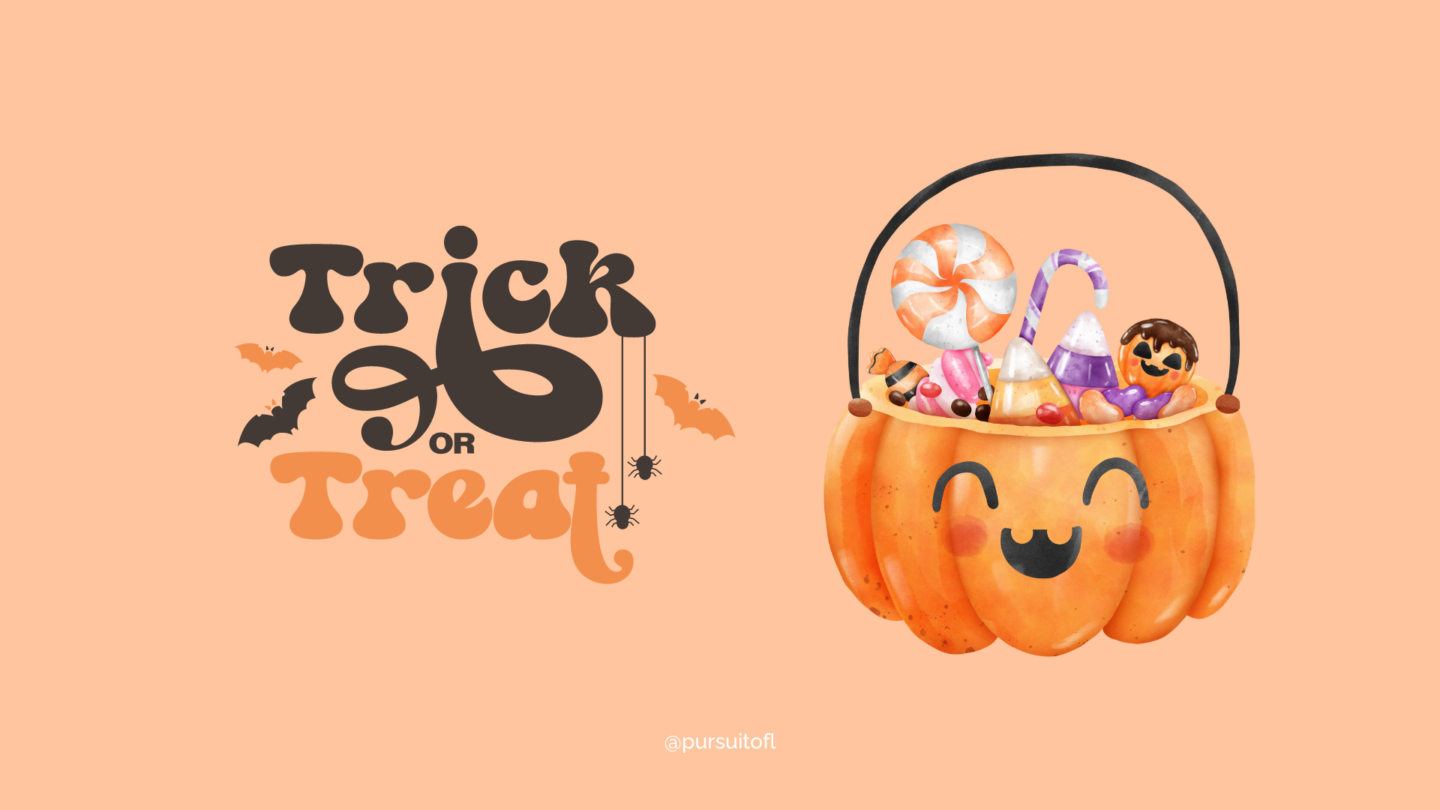 Orange Halloween desktop wallpaper featuring a cheerful pumpkin filled with colorful assorted candies, with the phrase 'Trick or Treat' in a playful font.