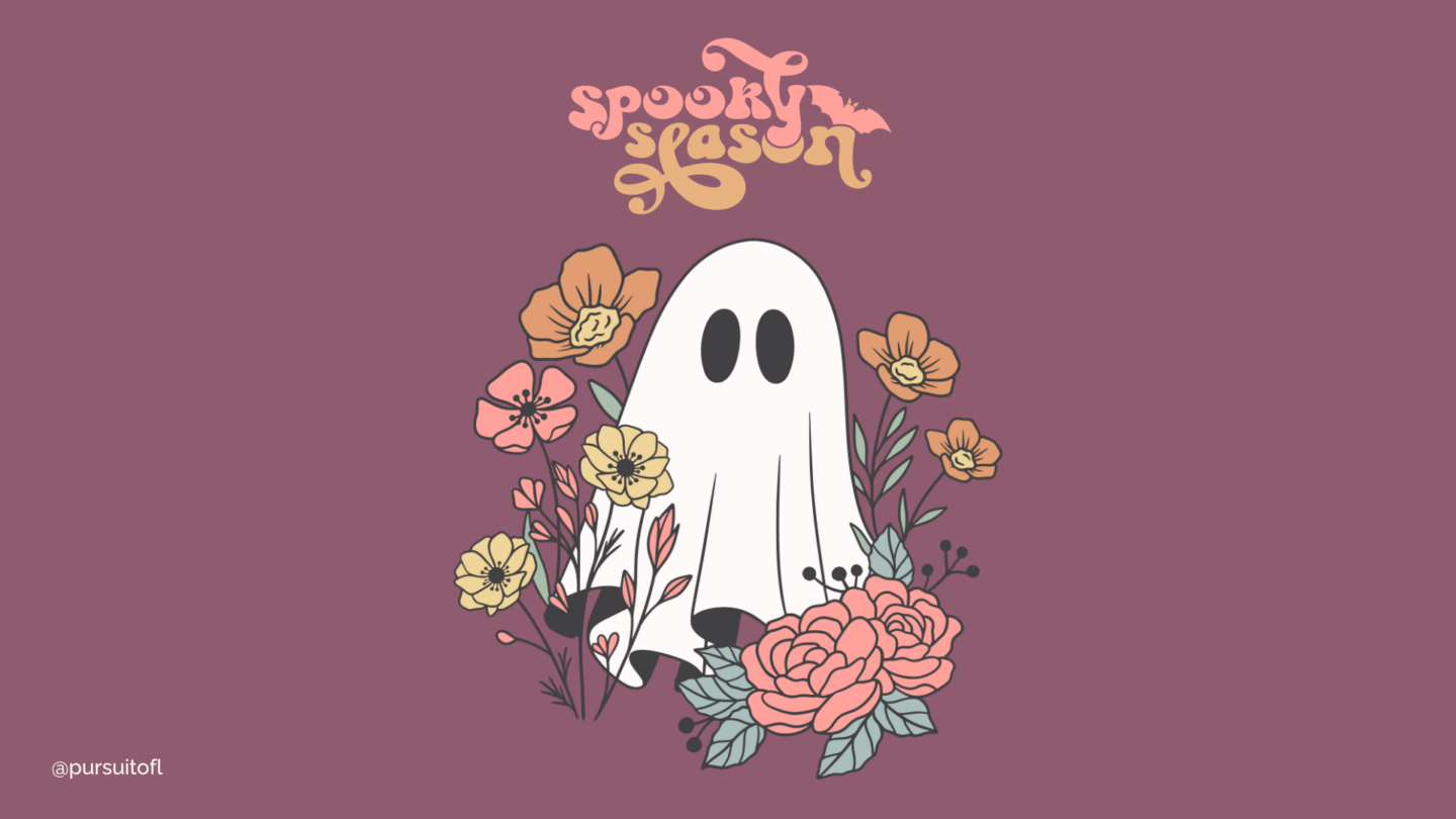 Charming mauve desktop wallpaper design showcasing a friendly ghost surrounded by vibrant flowers and the words 'Spooky Season' in whimsical lettering.