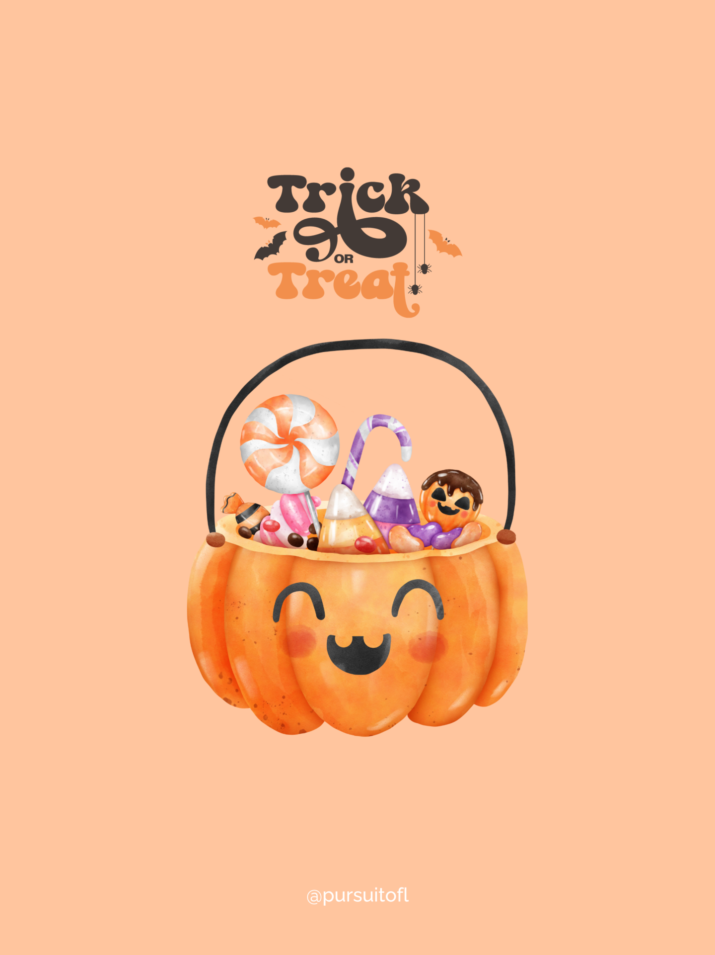 Orange Halloween tablet wallpaper featuring a cheerful pumpkin filled with colorful assorted candies, with the phrase 'Trick or Treat' in a playful font.