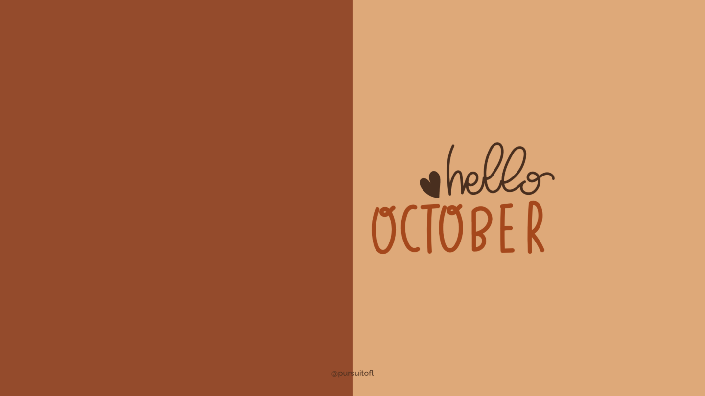 Simple and warm desktop wallpaper design that says 'Hello October' in a stylish font, with a soft brown and tan colors.