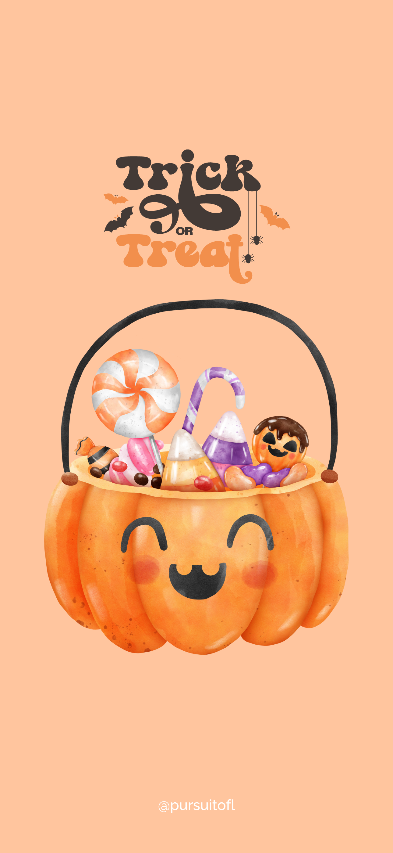 Orange Halloween phone wallpaper featuring a cheerful pumpkin filled with colorful assorted candies, with the phrase 'Trick or Treat' in a playful font.