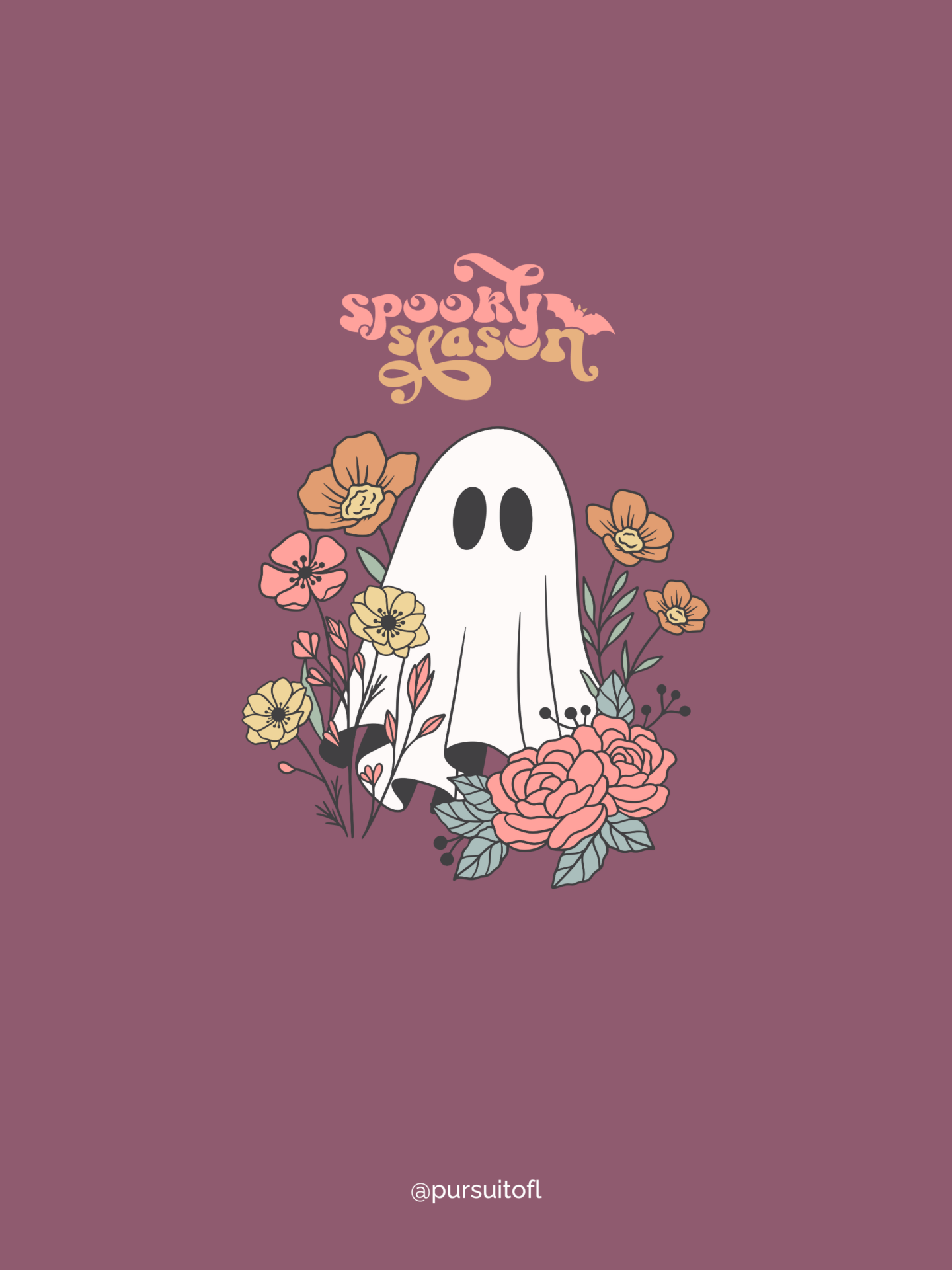 Charming mauve tablet wallpaper design showcasing a friendly ghost surrounded by vibrant flowers and the words 'Spooky Season' in whimsical lettering.