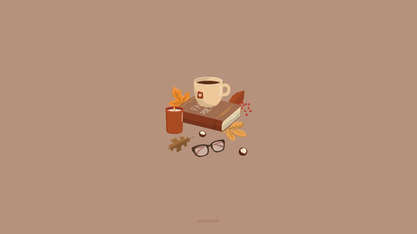 Inviting brown desktop wallpaper featuring a cozy scene with a steaming cup of coffee, a book, and autumn leaves, creating a warm and comforting fall vibe.