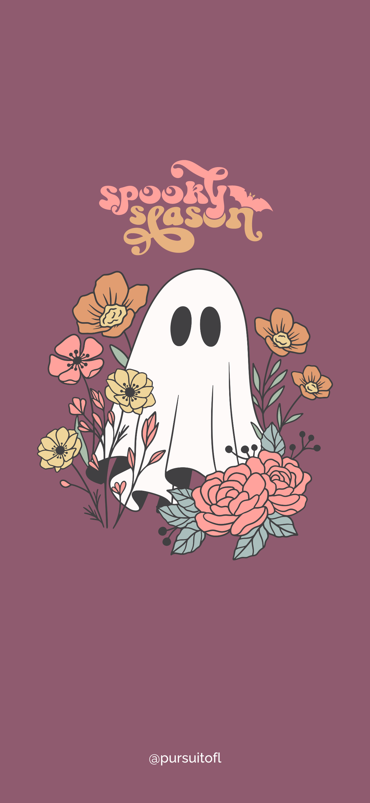 Charming mauve phone wallpaper design showcasing a friendly ghost surrounded by vibrant flowers and the words 'Spooky Season' in whimsical lettering.