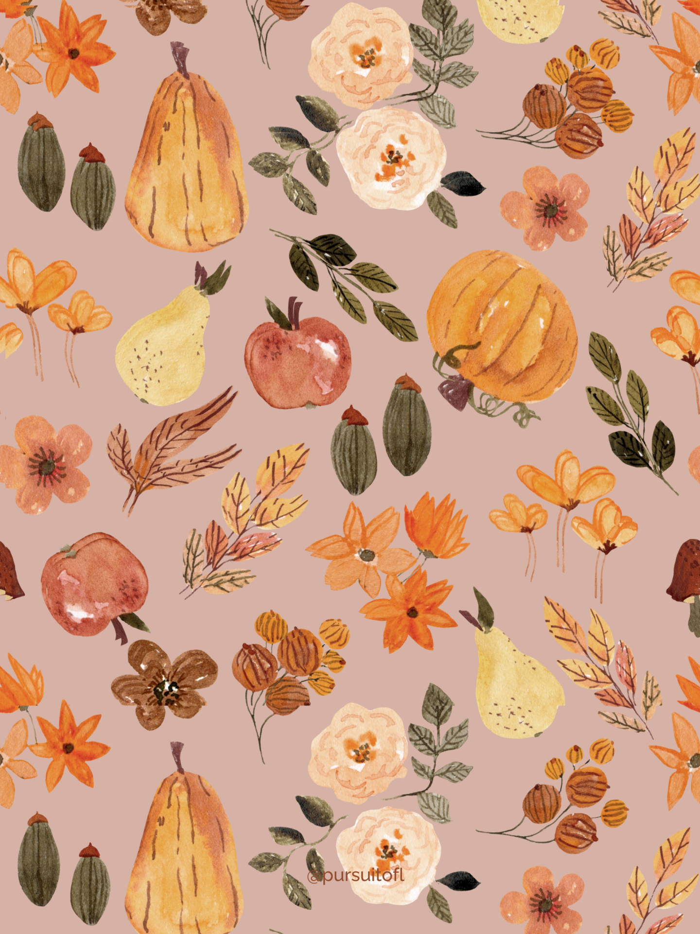 Autumn-themed tablet wallpaper with a pattern of pumpkins, apples, and fall flowers in warm colors, embodying the essence of the harvest season.
