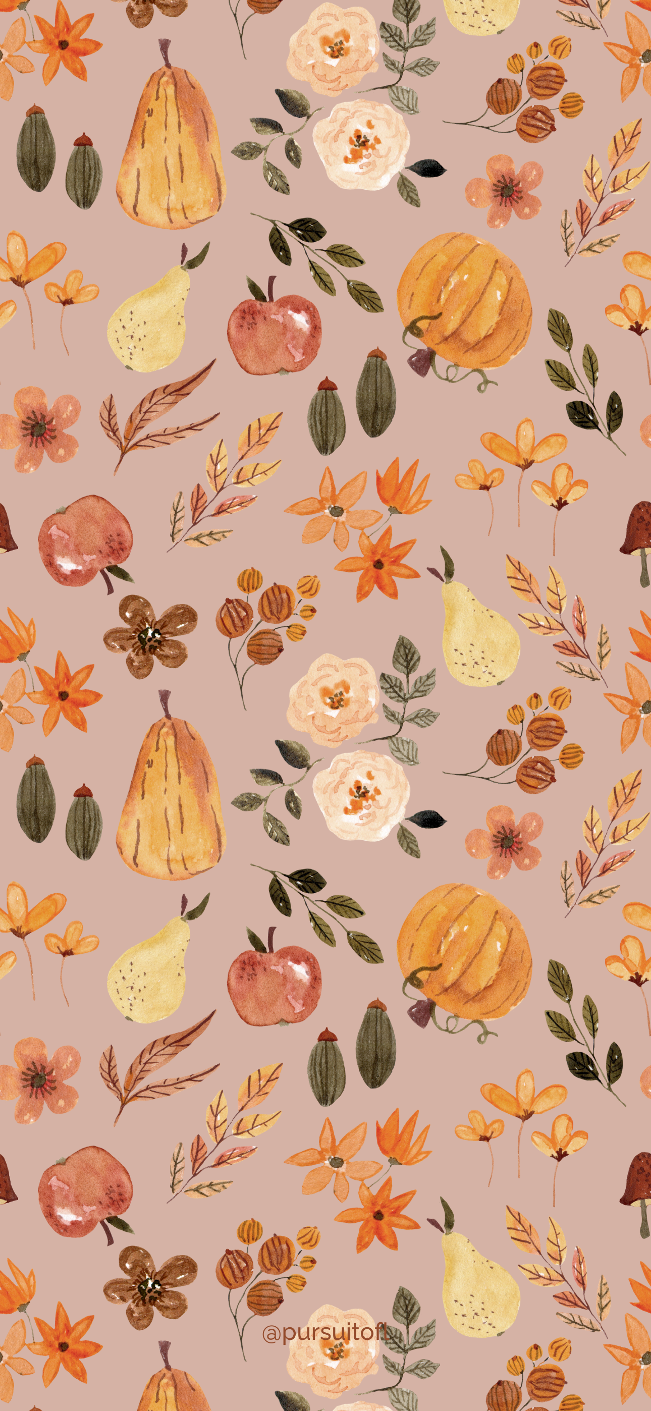 Autumn-themed phone wallpaper with a pattern of pumpkins, apples, and fall flowers in warm colors, embodying the essence of the harvest season.