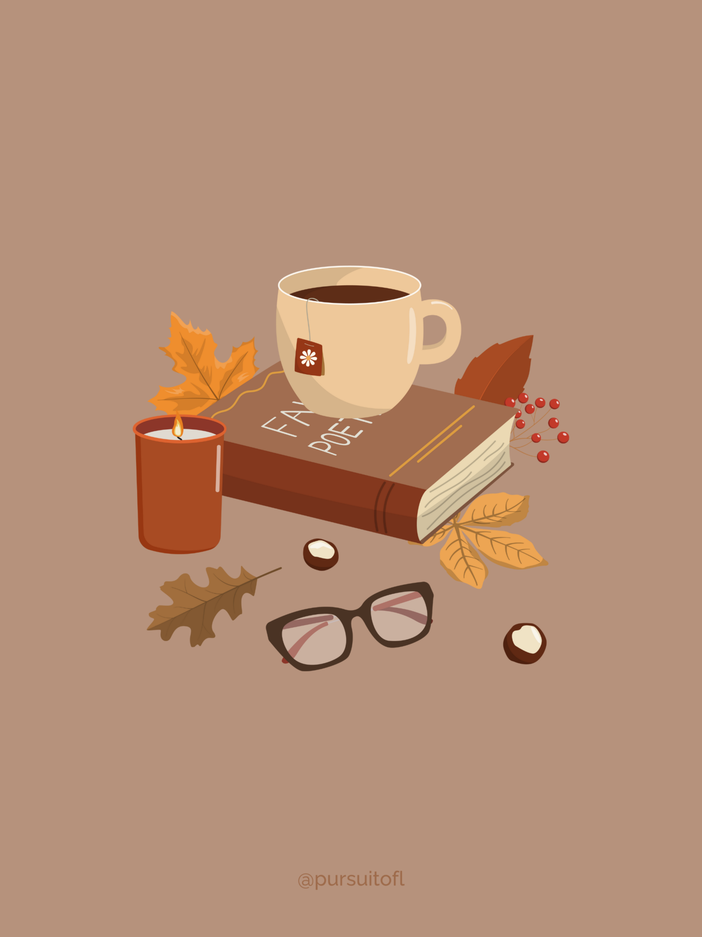 Inviting brown tablet wallpaper featuring a cozy scene with a steaming cup of coffee, a book, and autumn leaves, creating a warm and comforting fall vibe.