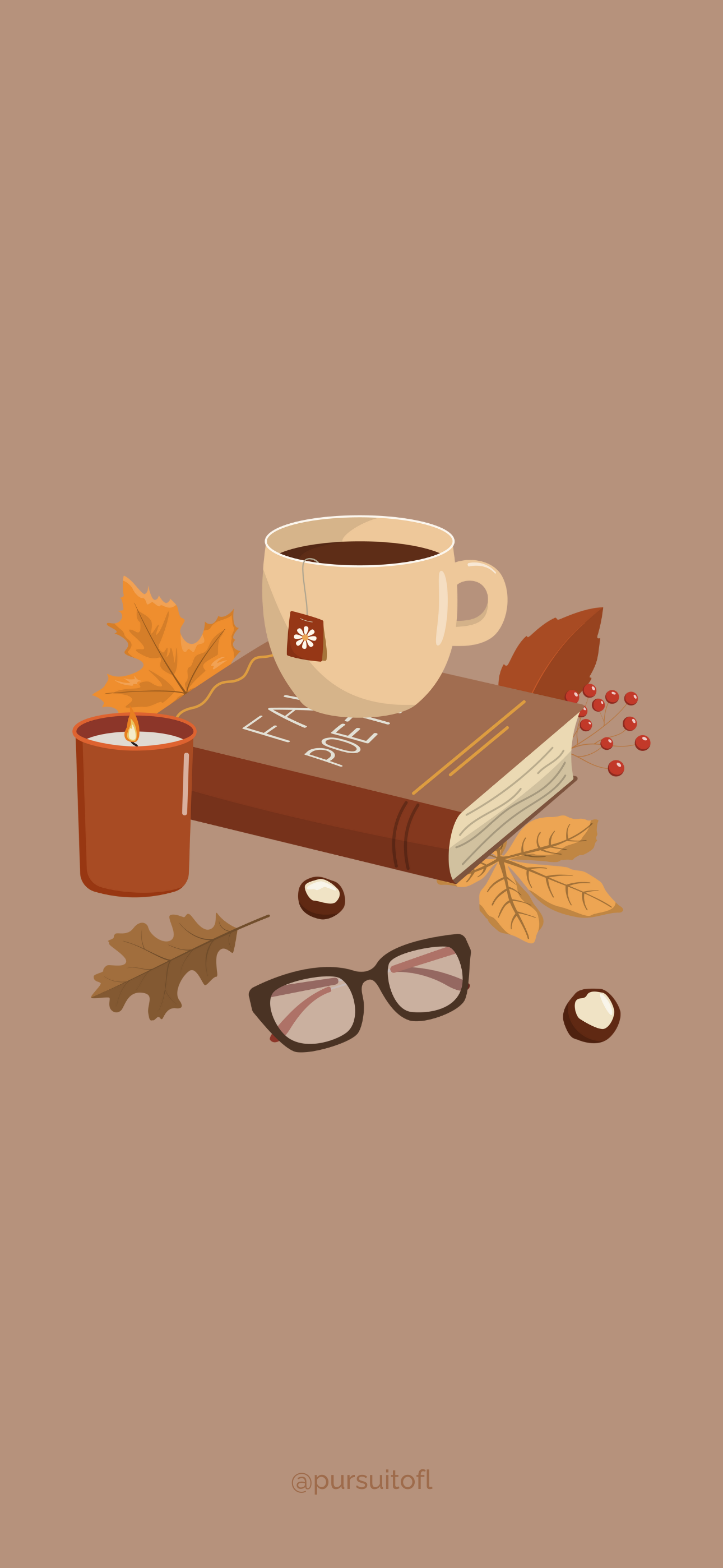 Inviting brown phone wallpaper featuring a cozy scene with a steaming cup of coffee, a book, and autumn leaves, creating a warm and comforting fall vibe.