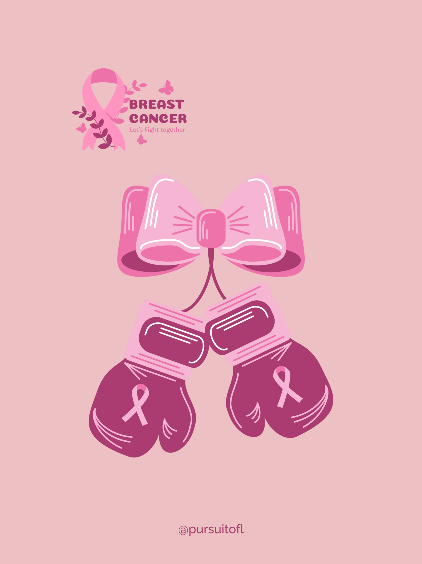 Pink tablet wallpaper design highlighting Breast Cancer Awareness Month with boxing gloves and a pink ribbon, accompanied by the text 'Let's Fight Together.