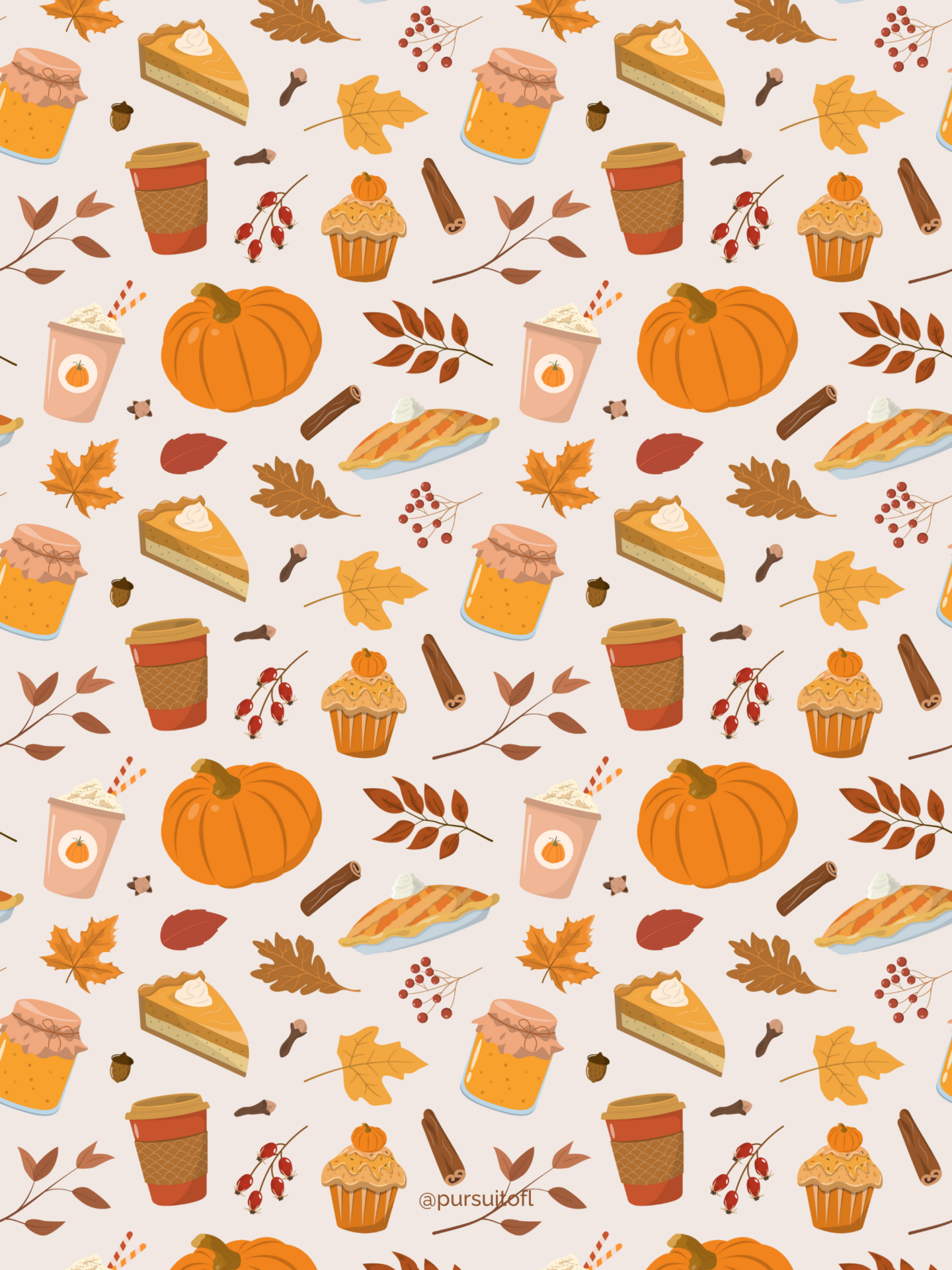 A cozy autumn-themed tablet wallpaper featuring illustrations of pumpkins, coffee cups, cinnamon sticks, slices of pie, muffins, and fall leaves, all arranged on a warm, light background.