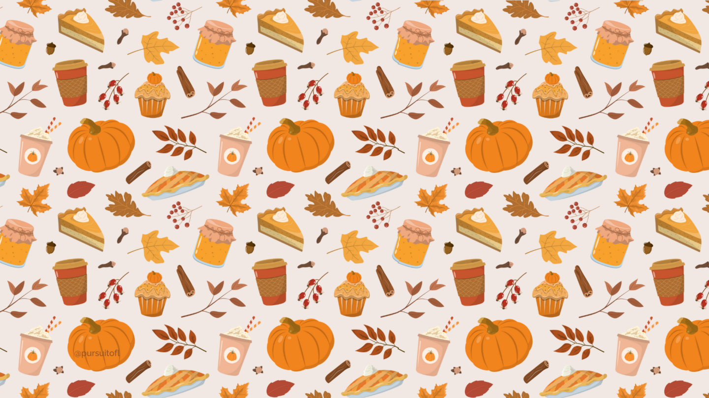 A cozy autumn-themed desktop wallpaper featuring illustrations of pumpkins, coffee cups, cinnamon sticks, slices of pie, muffins, and fall leaves, all arranged on a warm, light background.